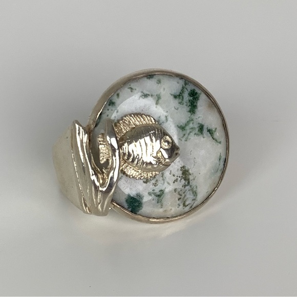 Sterling Silver Ring Fish Band Jasper Stone Sz 8.5 Vtg Stamped 925 Marine Life - Picture 5 of 13